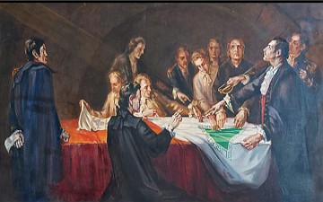 Pintura mostrando a confec&ccedil;&atilde;o da Bandeira dos Inconfidentes