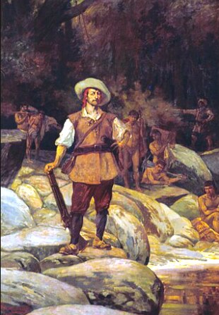 Pintura mostrando um bandeirante e ao fundo vários indígenas capturados