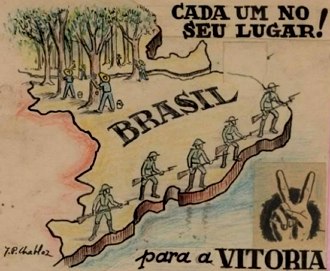 Cartaz sobre o Ciclo da Borracha, mostrando um mapa do Brasil e a região norte sendo protegida por soldados