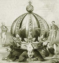 Charge sobre a Questão Religiosa: monarquia esmagando os religiosos
