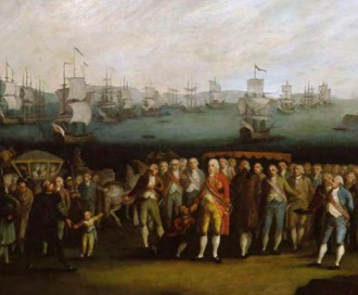 Pintura mostrando o embarque da corte portuguesa paraBrasil em 1808