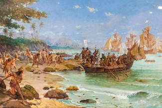 Pintura mostrando o desembarque de Cabral em Porto Seguro