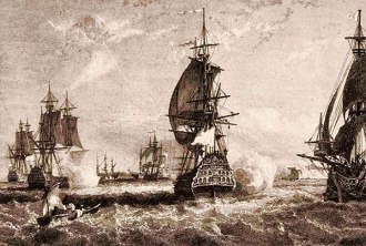 Pintura mostrando esquadra francesa no litoral do Rio de Janeiro em 1711 