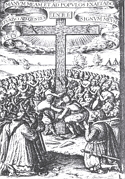Franceses levantando uma cruz na colônia francesa no Brasil