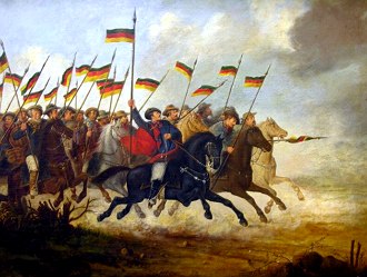 Pintura mostrando soldados em seus cavalos segurando lanças com bandeiras pequenas nas pontas