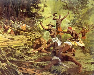 Pintura representando uma batalha durante a Guerra dos Palmares