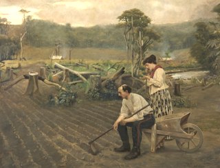 Pintura retratando imigrantes alemães no Brasil