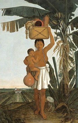 Pintura mostrando uma indígena brasileira com cesto sobre a cabela e filho no colo.