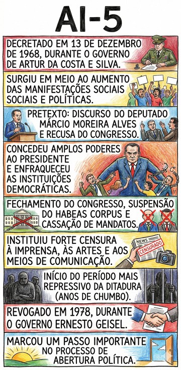 Infogr&aacute;fico com as principais informa&ccedil;&otilde;es hist&oacute;ricas sobre o AI-5