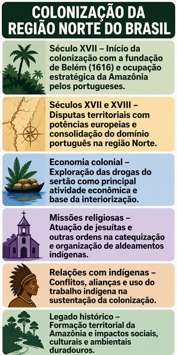 Infogr&aacute;fico com resumo sobre a Coloniza&ccedil;&atilde;o da regi&atilde;o Norte do Brasil