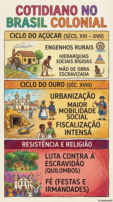 Infogr&aacute;fico com s&iacute;ntese do cotidiano no Brasil Colonial