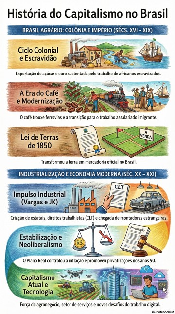Infogr&aacute;fico mostrando a hist&oacute;ria e evolu&ccedil;&atilde;o do capitalismo no Brasil.
