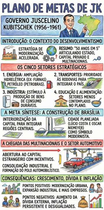Infogr&aacute;fico com resumo sobre o Plano de Metas de JK