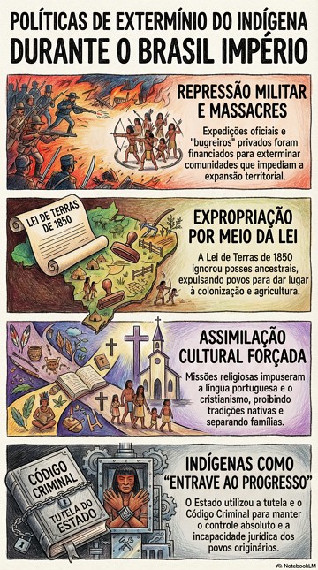 Infogr&aacute;fico com resumo sobre as pol&iacute;ticas de exterm&iacute;nio dos ind&iacute;genas brasileiros durante o Imp&eacute;rio