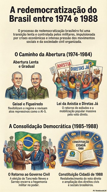 Infogr&aacute;fico sobre a Redemocratiza&ccedil;&atilde;o do Brasil com etapas e eventos