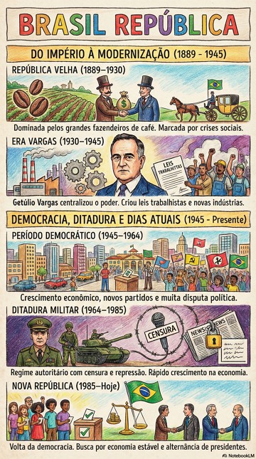 Infogr&aacute;fico com resumo das fases hist&oacute;ricas do Brasil Rep&uacute;blica