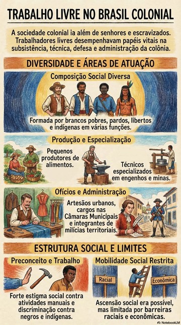 Infogr&aacute;fico sobre o trabalho livro no Brasil Colonial, suas caracter&iacute;sticas e of&iacute;cios.