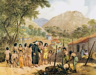 Pintura mostrando um padre jesuíta com vários indígenas brasileiras