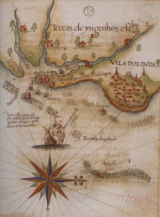 Mapa do final do século XVI mostrando as cidades de Olinda e Recife Mapa do final do século XVI mostrando as cidades de Olinda e Recife