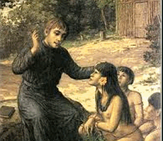 Jesuíta catequizando índios numa missão religiosa