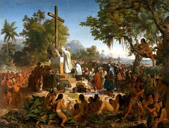 Pintura mostrando a primeira missa realizada no Brasil