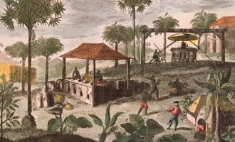 Pintura mostrando uma refinaria de açúcar do século XVIII