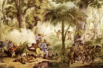 Pintura mostrando ind&iacute;genas brasileiros lutando contra colonizadores