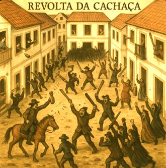 Ilustração mostrando pessoas revoltadas nas ruas do Rio de Janeiro na Revolta da cachaça