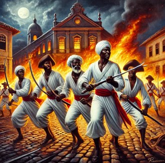 Ilustração mostrando escravizados africanos com espadas numa revolta, com fogo num prédio.
