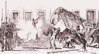 Ilustração mostrando soldados atirando em revoltosos na revolta do Vintém